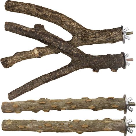 Perchoir pour oiseaux (lot de 4), support en bois naturel, jouet pour perruches, accessoires pour cage à oiseaux (1/4)