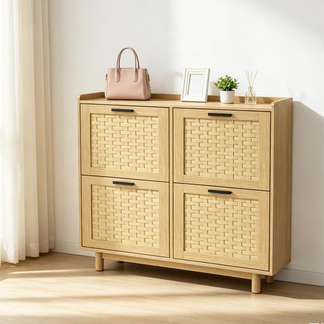 Zapatero de 100 cm – 4 puertas abatibles de ratán – Resistente a la humedad – Estilo japonés – Almacenamiento inteligente – Color roble (1/5)