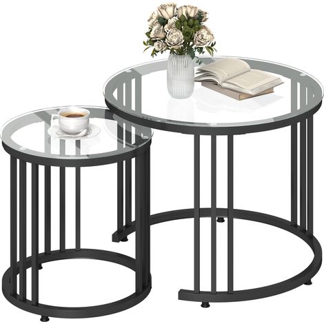 Round Coffee Tables Set of 2, Nesting Tables with Tempered Glass Top Steel Frame, Black (1/5)