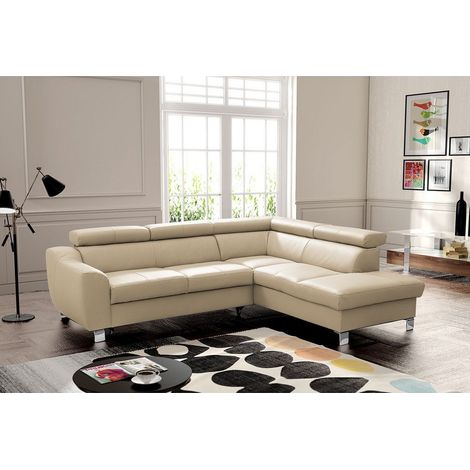 Canapé d'angle convertible en cuir italien de luxe 5 places ASTRID, beige, angle droit (1/5)
