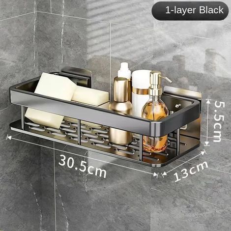 (Rectangle 1 pièce noir) Étagère de salle de bain de luxe sans perçage, étagère murale de douche en aluminium antirouille, porte-shampoing et porte-serviettes, accessoire de rangement pour salle de ba (1/5)