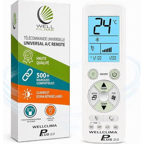 Plus 2.0 – Télécommande Universelle pour climatiseur avec la Plus Large compatibilité du marché, Clavier et écran rétroéclairés, Lampe Torche LED, Assistance directe (1/5)