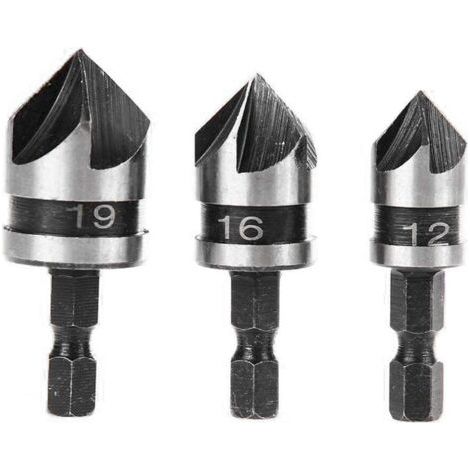 3pcs 90 Degrés 5 Flûte Fraises à Chanfreiner Set Pour Bois, Métal Changement Rapide 1/4" Hex Foret à Chanfreiner en Acier au Carbone Outil de Coupe de Chanfreinage de Bois 12/16/19mm (1/5)