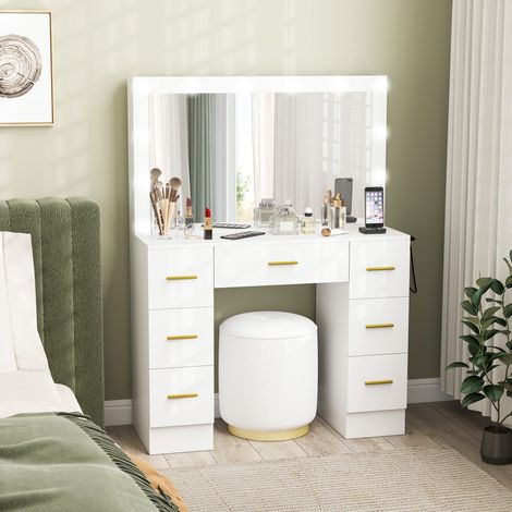 Coiffeuse avec miroir et 12 lumières LED, meuble-lavabo avec 7 tiroirs, 6 compartiments de rangement dissimulés, panneaux de particules, blanc (1/5)