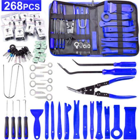 Kit di smontaggio auto da 268 pezzi: attrezzi per finiture, pannelli, autoradio e cruscotto, con pinze ed estrattori.