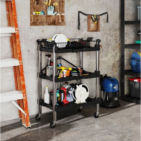 Chariot d’atelier pliable 64x37x84 cm en métal noir, 3 niveaux, gain de place pour garage – MEUBLIV (1/5)