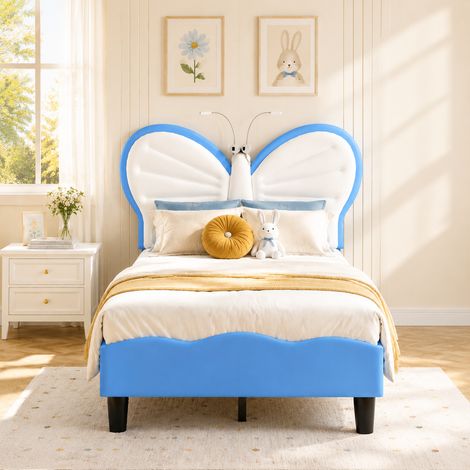 Cama infantil 90 x 190 cm, cabecero ajustable con forma de mariposa en terciopelo, somier de láminas y luz de lectura LED, azul y blanco (1/5)