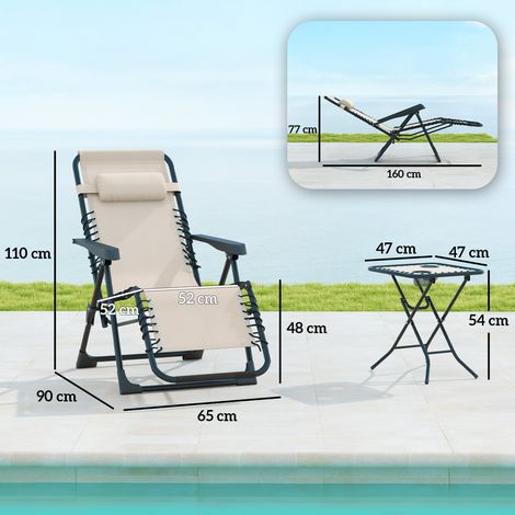 Transat de jardin 3 pièces pliable : table à thé + 2 chaises + coussins tête, résistant, métal, pour jardin et terrasse, 90x56x110 cm, beige