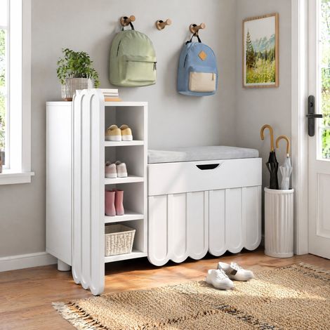 Meuble chaussures 3 portes avec tiroir, assise rembourrée, 90 x 35 x 74,5 cm, blanc HAVRYA (1/5)