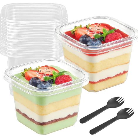 50 bicchieri di plastica con coperchio, 360 ml, quadrati, riutilizzabili, per semifreddi, tiramisù, budini e altri dolci. (1/5)
