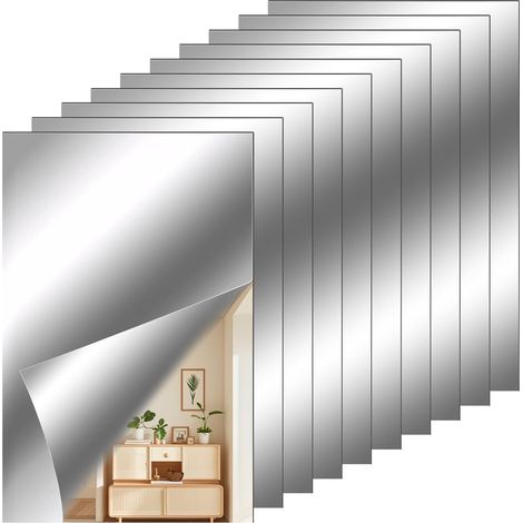 Lot de 10 films miroir autocollants, miroirs adhésifs flexibles, non en verre, autocollants pour miroir, carrelage mural pour bricolage, maison, salle de bain, décoration murale (10,2 x 15,2 (1/5)