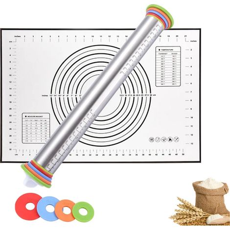 Rouleau à pâtisserie en acier inoxydable avec tapis de cuisson, laminoir à pâte avec anneaux amovibles 4 tailles, pour gâteaux tartes pâtisseries biscuits pizzas noir (1/5)