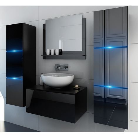 Viva – Ensemble meuble de salle de bain 60 cm noir – 2 colonnes suspendues – Miroir LED – Corps en noir mat – Panneau stratifié résistant