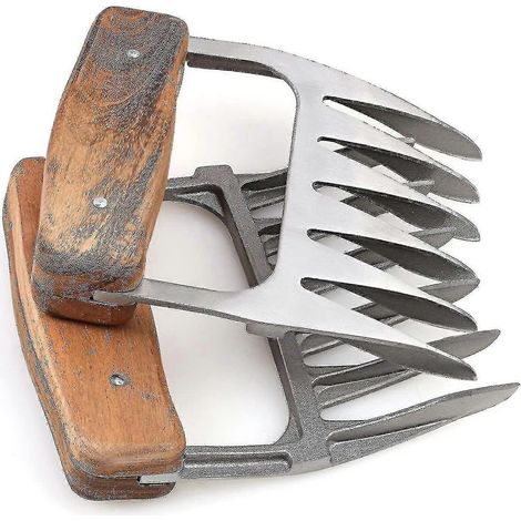 Fourchettes à viande en acier inoxydable 18/8 avec manche en bois, griffes idéales pour effilocher et tirer la viande. (1/4)