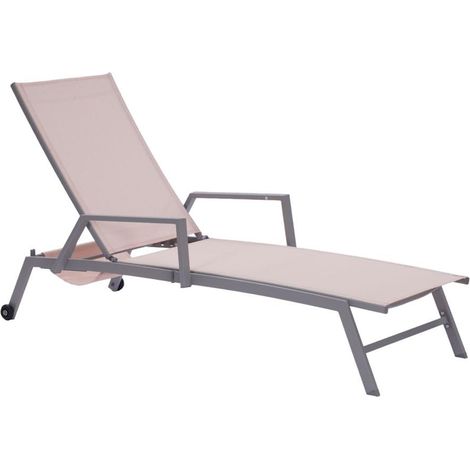LETTINO PRENDISOLE DA GIARDINO PIEGHEVOLE PISCINA DESIGN SCHIENALE REGOLABILE PORTAGIORNALI, 197X72X35/99 CM Colore - Struttura Grigia - Tessuto Beige