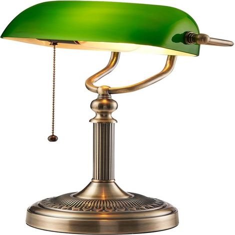 Lampe de bureau en verre vert, style banquier, interrupteur à chaînette, pour table de chevet ou bureau. (1/5)