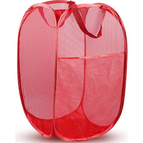Panier à linge pliable en filet pratique avec poches latérales - respirant, pliable et peu encombrant (Rouge 1 pièce) (1/5)