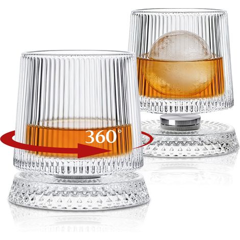 Lot de 2 verres à whisky toupies 300 ml - Verres à whisky rotatifs en cristal - Old Fashioned - Pour scotch, bourbon et cocktails - Cadeau spécial pour homme (nervurés)
