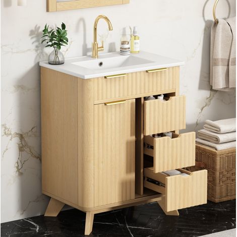 Mueble de baño con lavabo de 61 cm, 3 cajones, puerta corredera, madera natural DESVIAE (1/5)