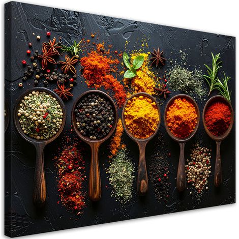 Stampe su Tela, Spezie ed erbe aromatiche su cucchiai di legno, 100x70 (1/5)
