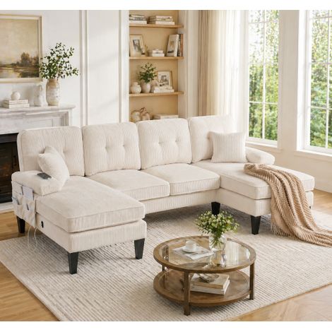 Modernes 4-Sitzer U-Sofa mit Doppel-Chaise-Longue – aus weichem Cordstoff, mit komfortabler Polsterung, moderner Rückenlehne und robuster Konstruktion. Perfekt für jedes Wohnzimmerkonzept.Beige
