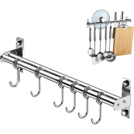 Porte Ustensiles Cuisine, Barre Murale de Cuisine Ustensiles avec 6 Crochets Coulissants, Support Suspendre des Ustensiles en Acier Inoxydable pour Salle de Bain/Garage/Chambre, 40cm (1/4)