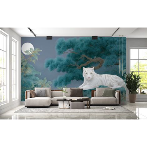 Papier peint animaux - tigre blanc couché dans une forêt de bambous bleus - 150 x 250 cm (1/2)
