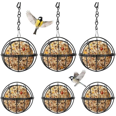 6-teiliges Vogelfutterhaus aus schwarzem Metall für den Außenbereich, 7 cm Durchmesser, 24 cm Kette, mit hängender Fettkugel für Wildvögel, Fettkugel-Futterspender für Garten und Balkon