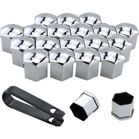 Juego de 20 tapas universales para tuercas de rueda con herramienta de extracción para coches, tapas hexagonales para tuercas de rueda (plateadas, 19 mm) (1/5)