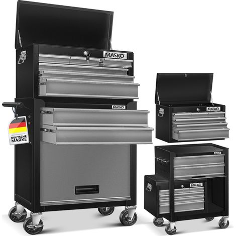 MASKO® Werkstattwagen inkl. Koffer, 9 Fächer abschließbar, Werkzeug-Wagen ohne Werkzeug, Rollwagen zur Werkzeugaufbewahrung mit Schloss, Schwarz/Grau (1/5)