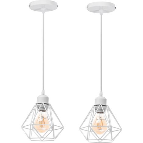 2er Pendelleuchte, Kronleuchter im Industri Stil, Antik Hängelampe mit Ø16cm Mini Diamant-Form Käfig E27 Halter für Wohnzimmer Schlafzimmer Esszimmer (Weiß)