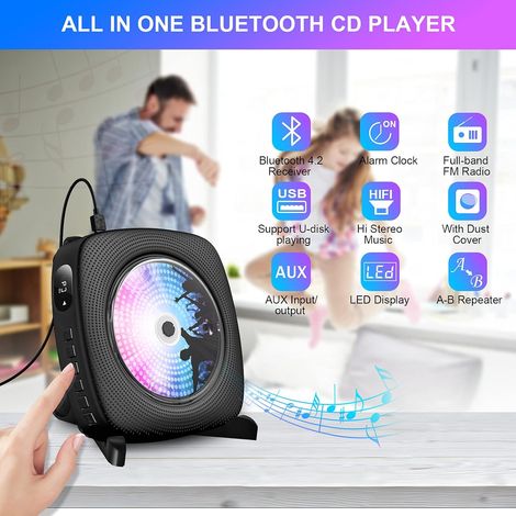 Lecteur CD Bluetooth portable monobloc haut-parleur intégré HiFi avec cache anti-poussière et télécommande et radio FM lecteur de musique MP3 USB et prise AUX 3,5 mm (noir) - 18918969mm MNS (1/4)