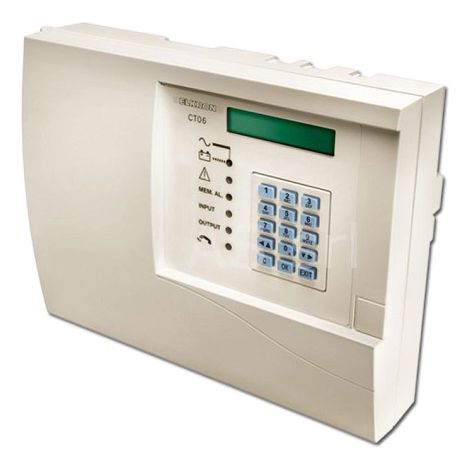 CT06 - Combinatore telefonico a sintesi vocale, tastiera e display LCD integrati. Microfono e altoparlante integrati. 2 ingressi di allarme. 12 numeri telefonici da 28 cifre. 3 uscite telecomandabili.