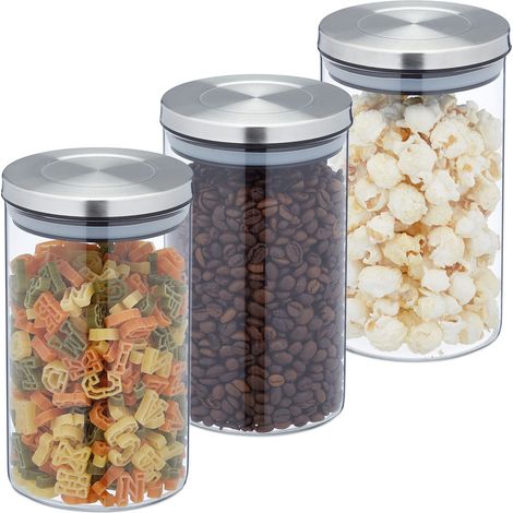 Lot de 3 bocaux en Verre, Volume 800 ML, Couvercle INOX, Bocal Conservation, céréales, pâtes, Riz, Transparent (1/5)