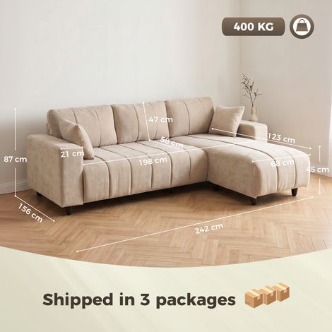 L-förmiges Ecksofa mit flexibler Chaiselongue, 3-Sitzer-Couch mit 2 Kissen, Metallrahmen, für Wohnzimmer, Beige (1/5)