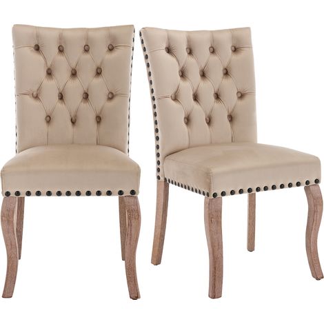 Lot de 2 chaises de salle à manger en velours, dossier avec anneau décoratif, clous cuivrés et pieds en bois, style moderne, coloris camel clair - CHICFURN (1/5)