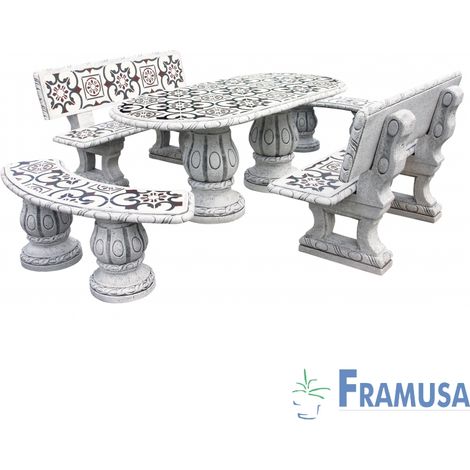 CONJUNTO COMEDOR PIEDRA OVALADO JARDIN FRESNO DEICO CON AZULEJOS OCRE