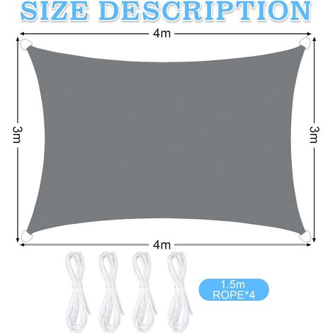 Vela de sombra rectangular, impermeable y resistente a los rayos UV, 95% poliéster, duradera y transpirable, para jardín o terraza, con cuerda, 3 x 4 m (1/4)
