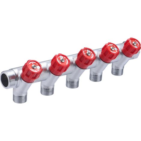 Noyon & Thiebault – Collecteur 5 départs avec robinets rouges MF20x27 – Sorties mâles 1/2 (M15x21) – Monobloc pour eau chaude et froide – Diamètre 28mm