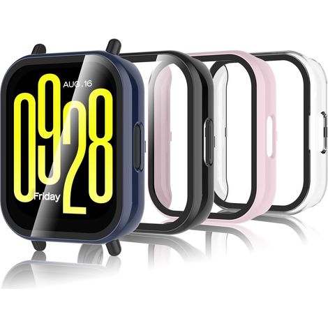 4 Pièces Coque Compatible avec Xiaomi Redmi Watch 5 Active, Coque Rigide en PC avec Protecteur d'écran, Coque HD avec Verre Trempé - Transparent, Noir,Rose,Bleu (1/5)