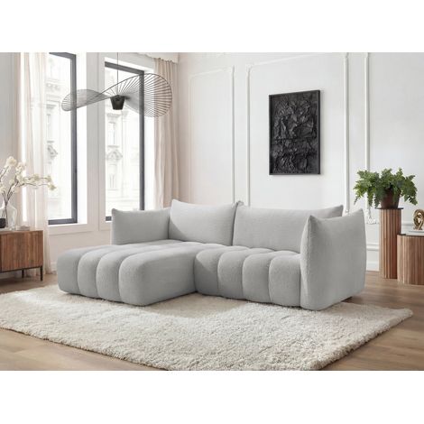 BOBOCHIC - Canapé d'angle fixe AZRA tissu bouclette Angle gauche Gris clair (1/5)