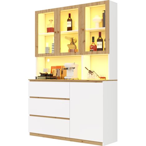 Vitrine haute LED 120 x 200 cm en MDF, avec plateau de travail, 3 tiroirs, porte et rangements ouverts, blanc et bois clair - CHICFURN (1/5)