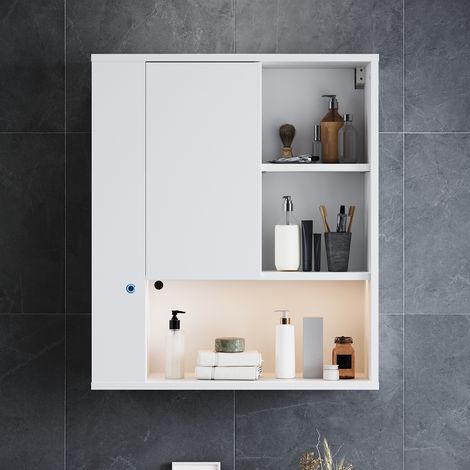 ELEGANT Bathroom Storage Units with  LED Light 1 Door Open Storage Compartments Bathroom Cabinet, White 600×230×700MM