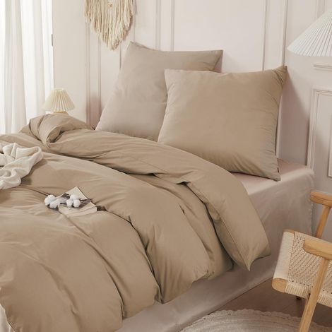 Bettwäsche-Set 200x220 cm, 100% Baumwolle, Leinen-Optik, Khaki, 3-teilig
