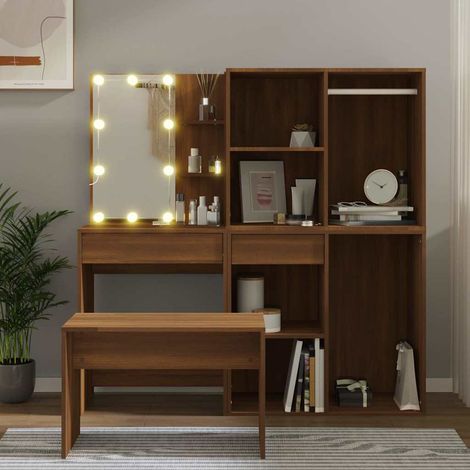 Ensemble coiffeuse avec LED, miroir et rangement chêne marron en bois d'ingénierie, 4 pièces - PANGIVO (1/5)