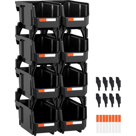 Boîtes de rangement empilables en plastique, 27,6 x 14 x 13 cm (lot de 8), conteneurs pour organiser placard, garage, petites pièces, fournitures de bureau et accessoires, noir. (1/5)