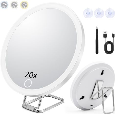 Miroir Grossissant 20X Cosmétique avec Éclairage, Miroir LED Rechargeable avec Ventouse et Pince à épiler, Miroir de Maquillage de Voyage Compact et Pliable pour Voyage, Salle de Bain, Maison (1/5)