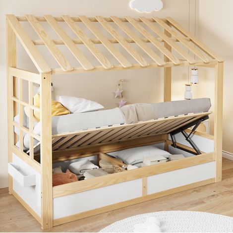 Lit cabane bois 90x200 cm lit enfant avec rangement hydraulique, étagères latérales, naturel (1/5)