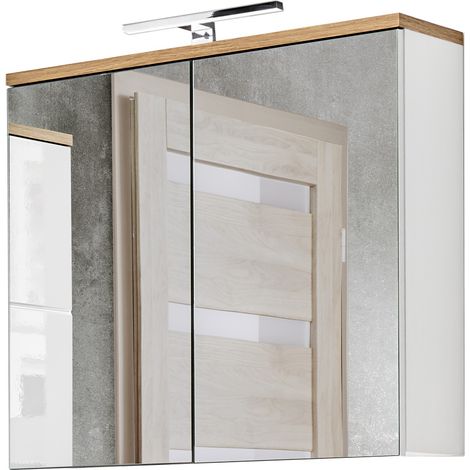 Badezimmer Spiegelschrank 80 cm LED-Beleuchtung LUTON-56 Hochglanz weiß mit Wotan Eiche Nb., B/H/T ca. 80/70/20 cm (1/4)