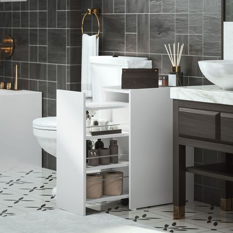 Mobiletto da bagno stretto con cassetto e ruote, organizer autoportante con 3 scomparti, 47x30x66,5 cm, bianco